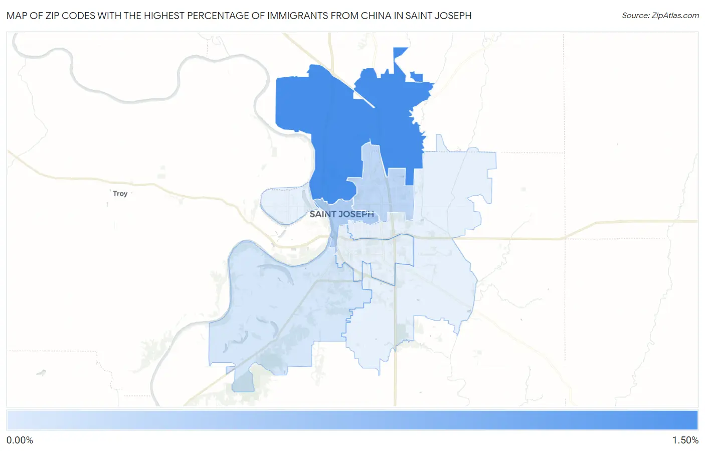 Zip Codes with the Highest Percentage of Immigrants from China in Saint Joseph Map