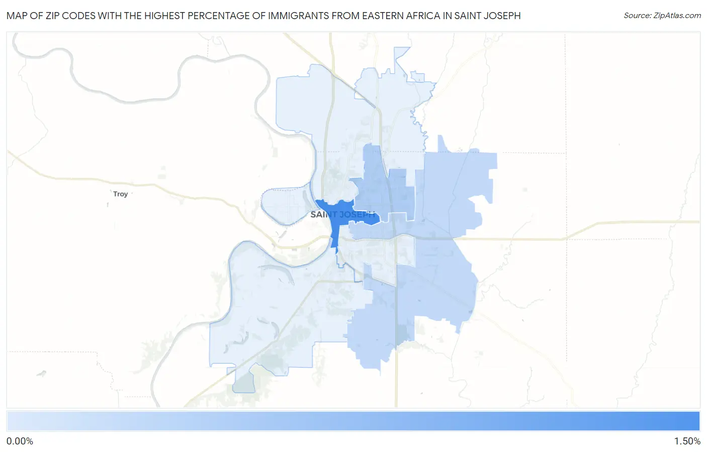 Zip Codes with the Highest Percentage of Immigrants from Eastern Africa in Saint Joseph Map