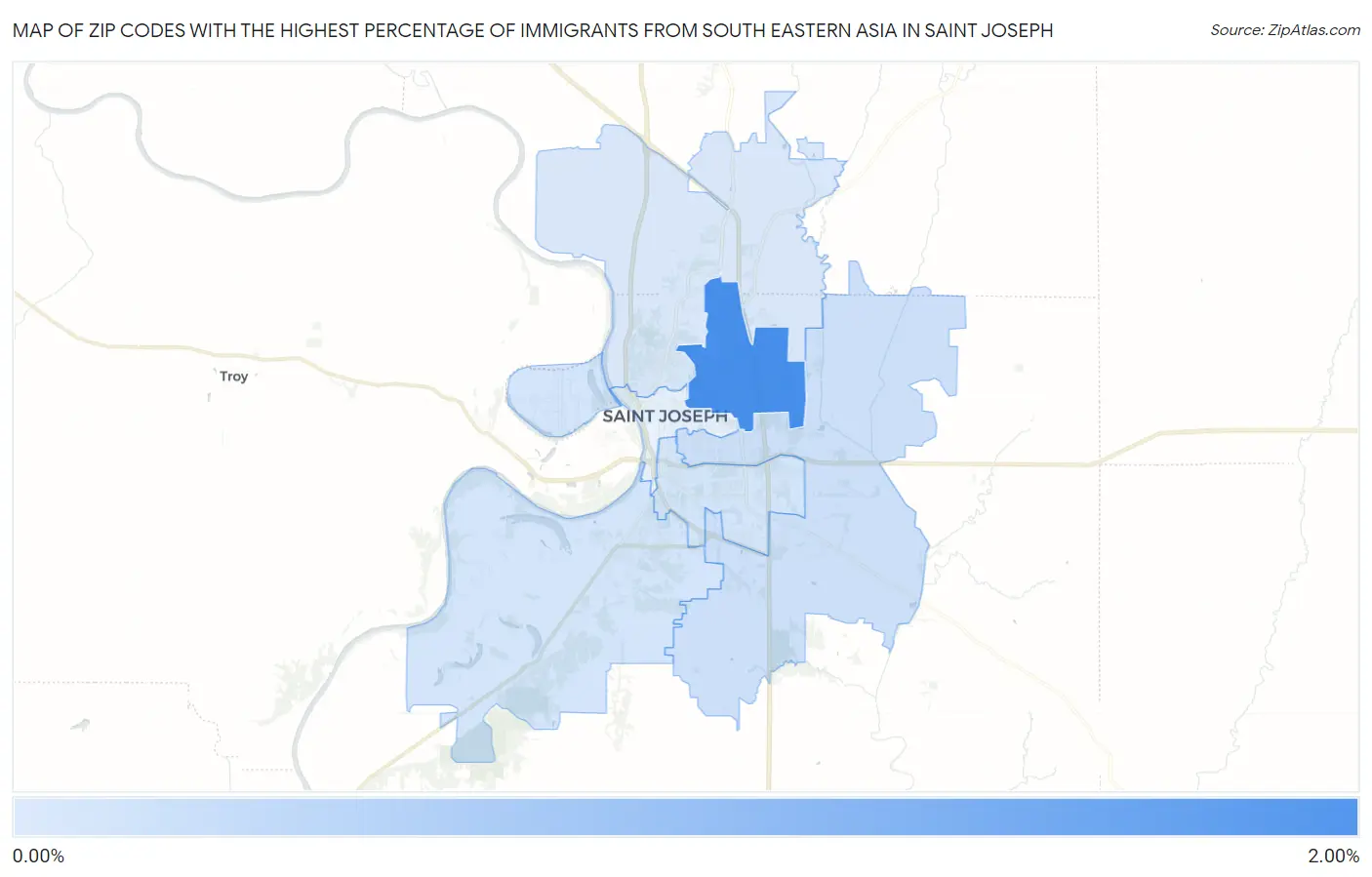 Zip Codes with the Highest Percentage of Immigrants from South Eastern Asia in Saint Joseph Map