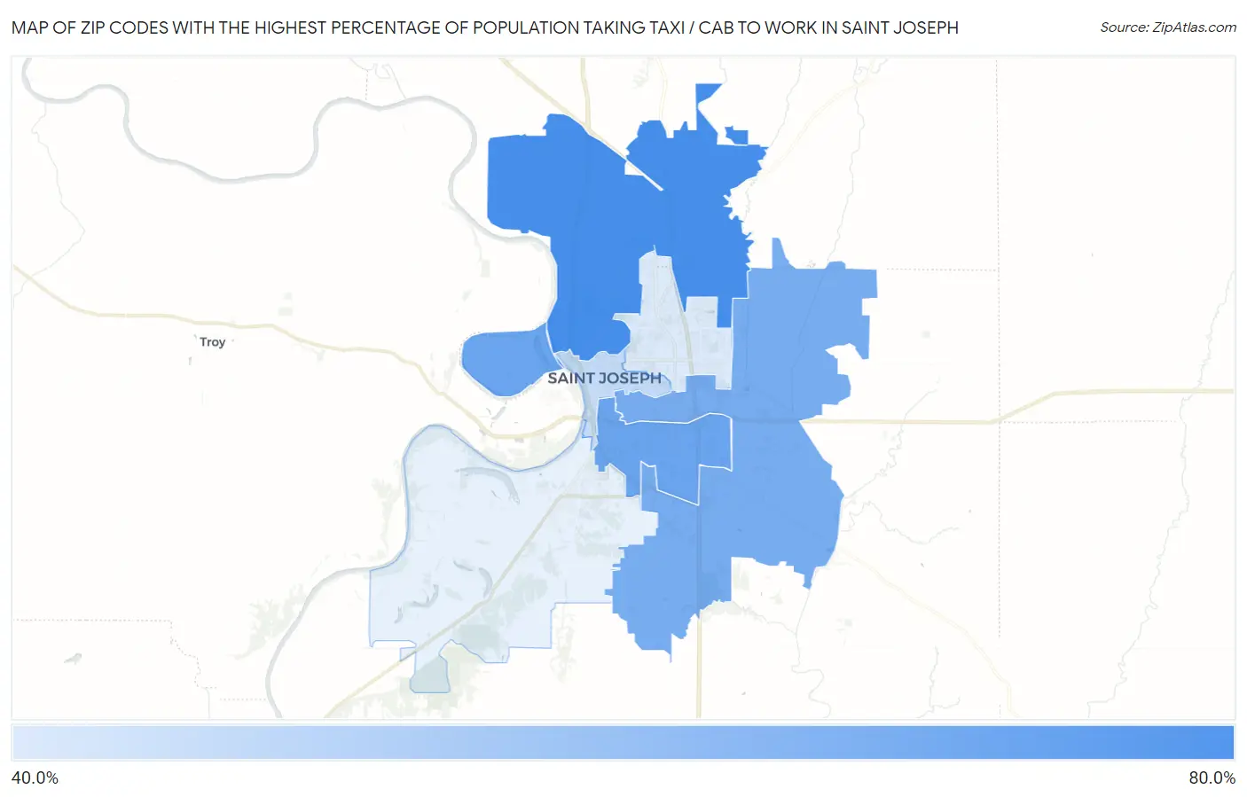 Zip Codes with the Highest Percentage of Population Taking Taxi / Cab to Work in Saint Joseph Map