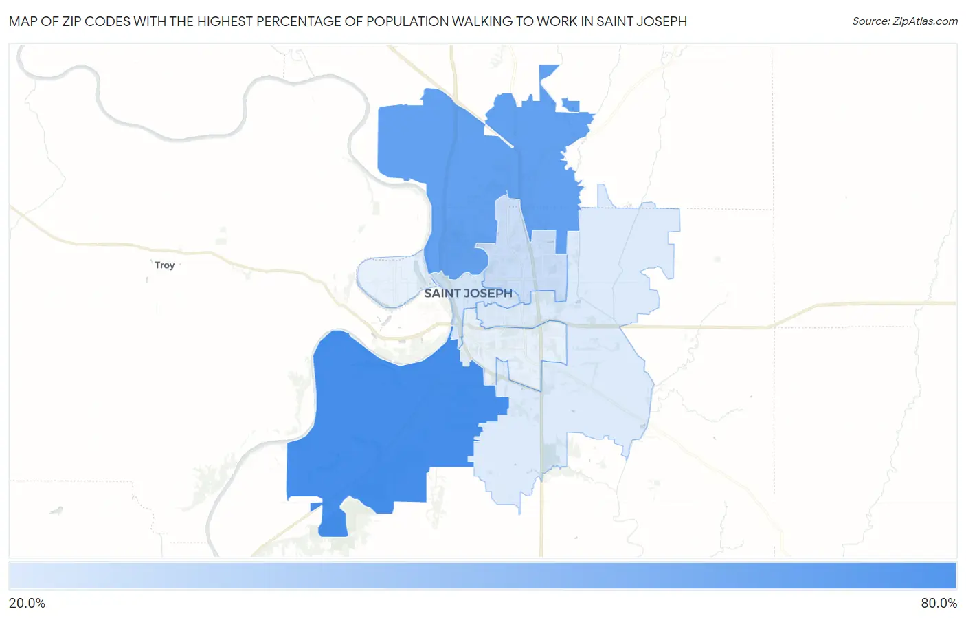 Zip Codes with the Highest Percentage of Population Walking to Work in Saint Joseph Map