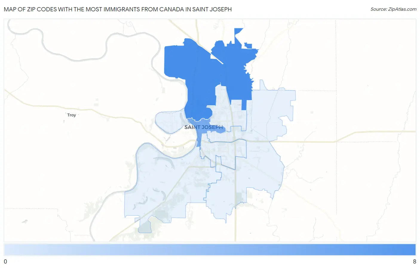 Zip Codes with the Most Immigrants from Canada in Saint Joseph Map