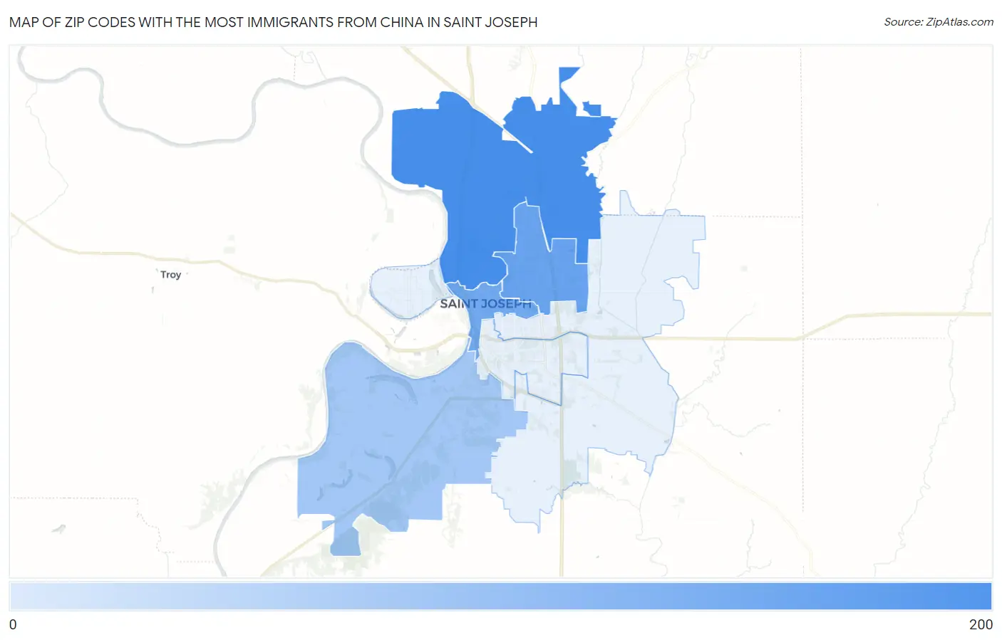 Zip Codes with the Most Immigrants from China in Saint Joseph Map
