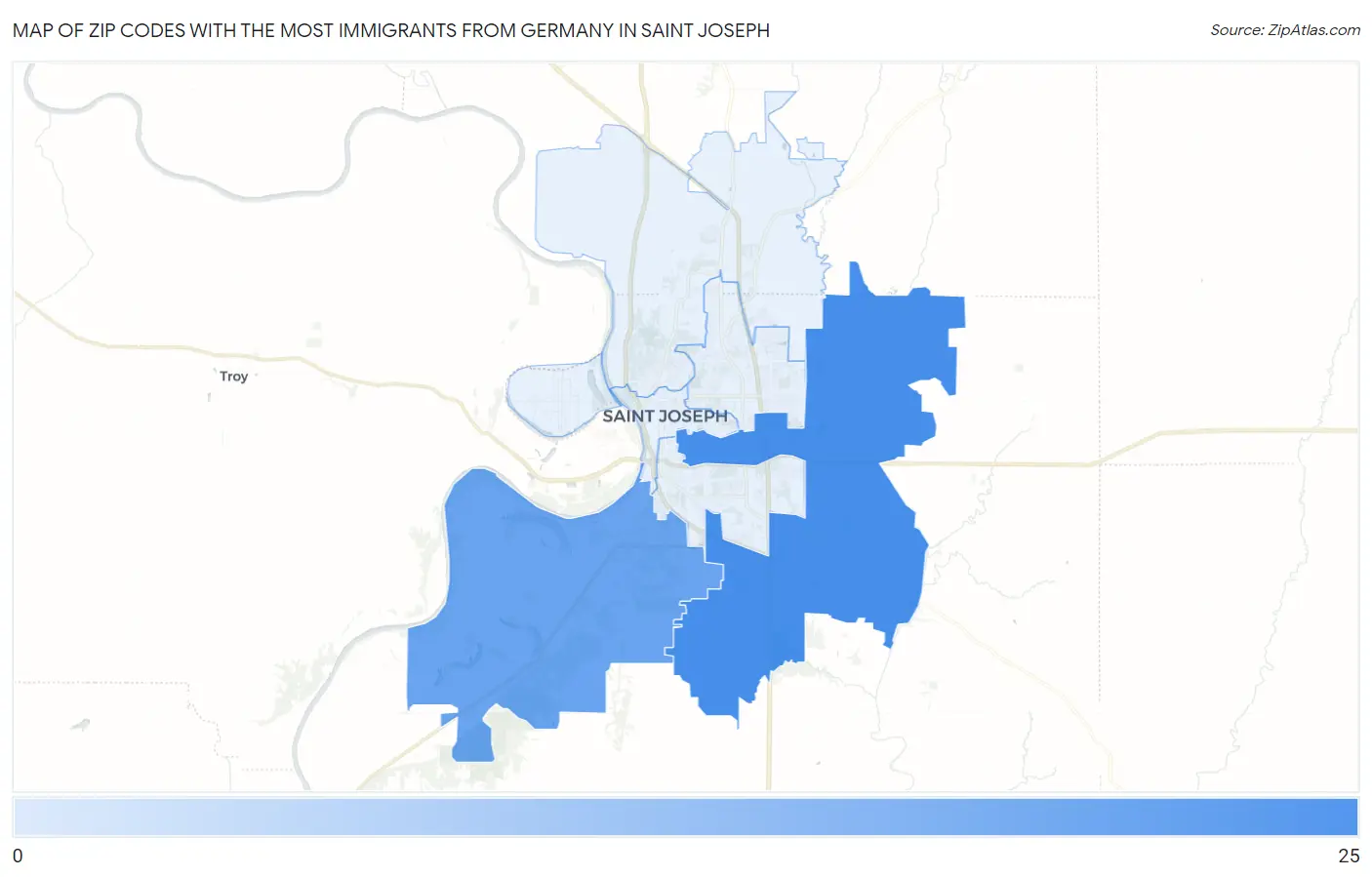 Zip Codes with the Most Immigrants from Germany in Saint Joseph Map