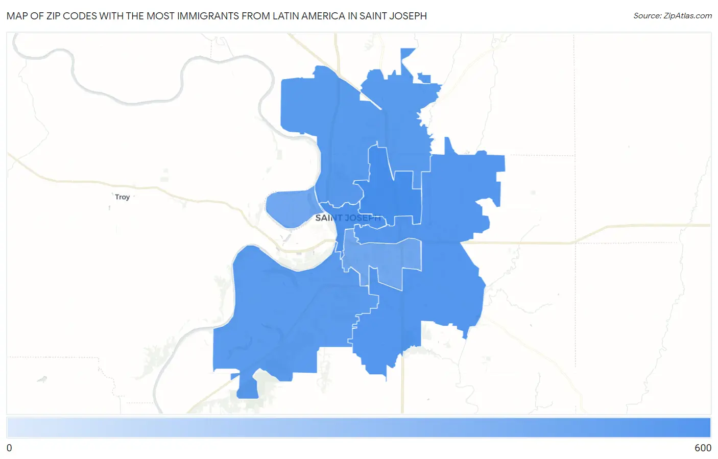 Zip Codes with the Most Immigrants from Latin America in Saint Joseph Map