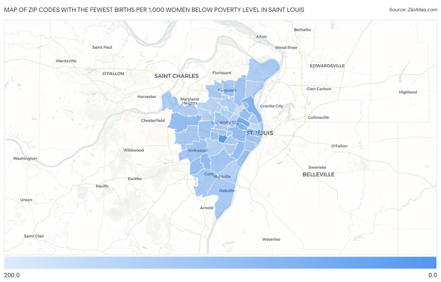 Zip Codes with the Fewest Births per 1,000 Women Below Poverty Level in Saint Louis Map