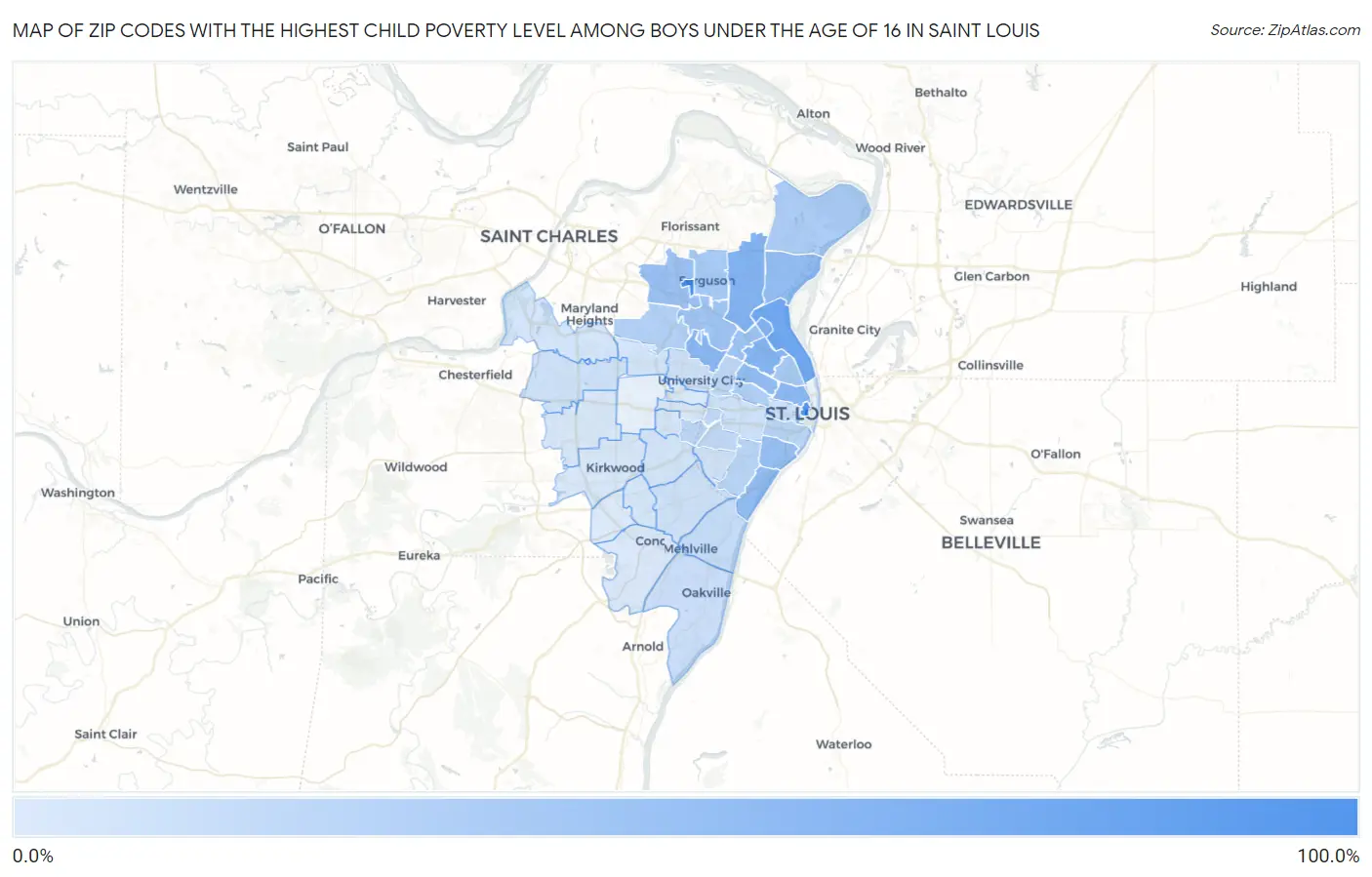 Zip Codes with the Highest Child Poverty Level Among Boys Under the Age of 16 in Saint Louis Map