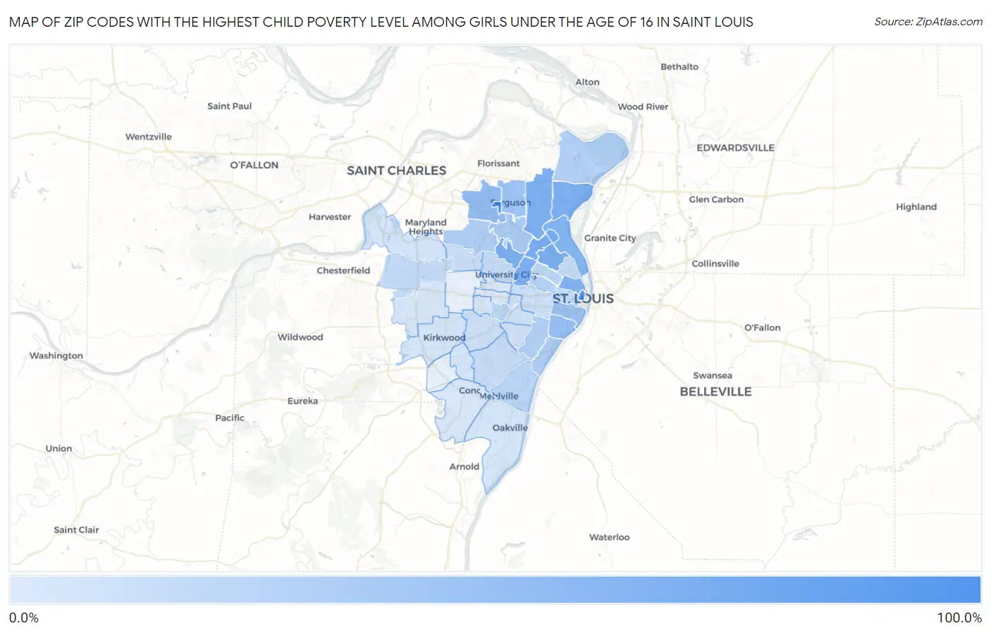 Zip Codes with the Highest Child Poverty Level Among Girls Under the Age of 16 in Saint Louis Map