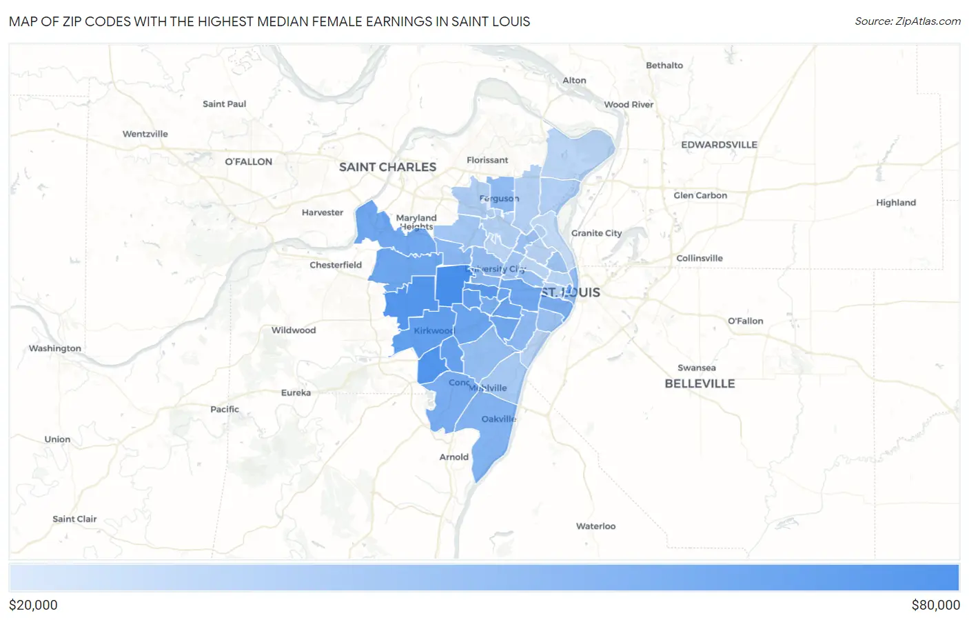 Zip Codes with the Highest Median Female Earnings in Saint Louis Map