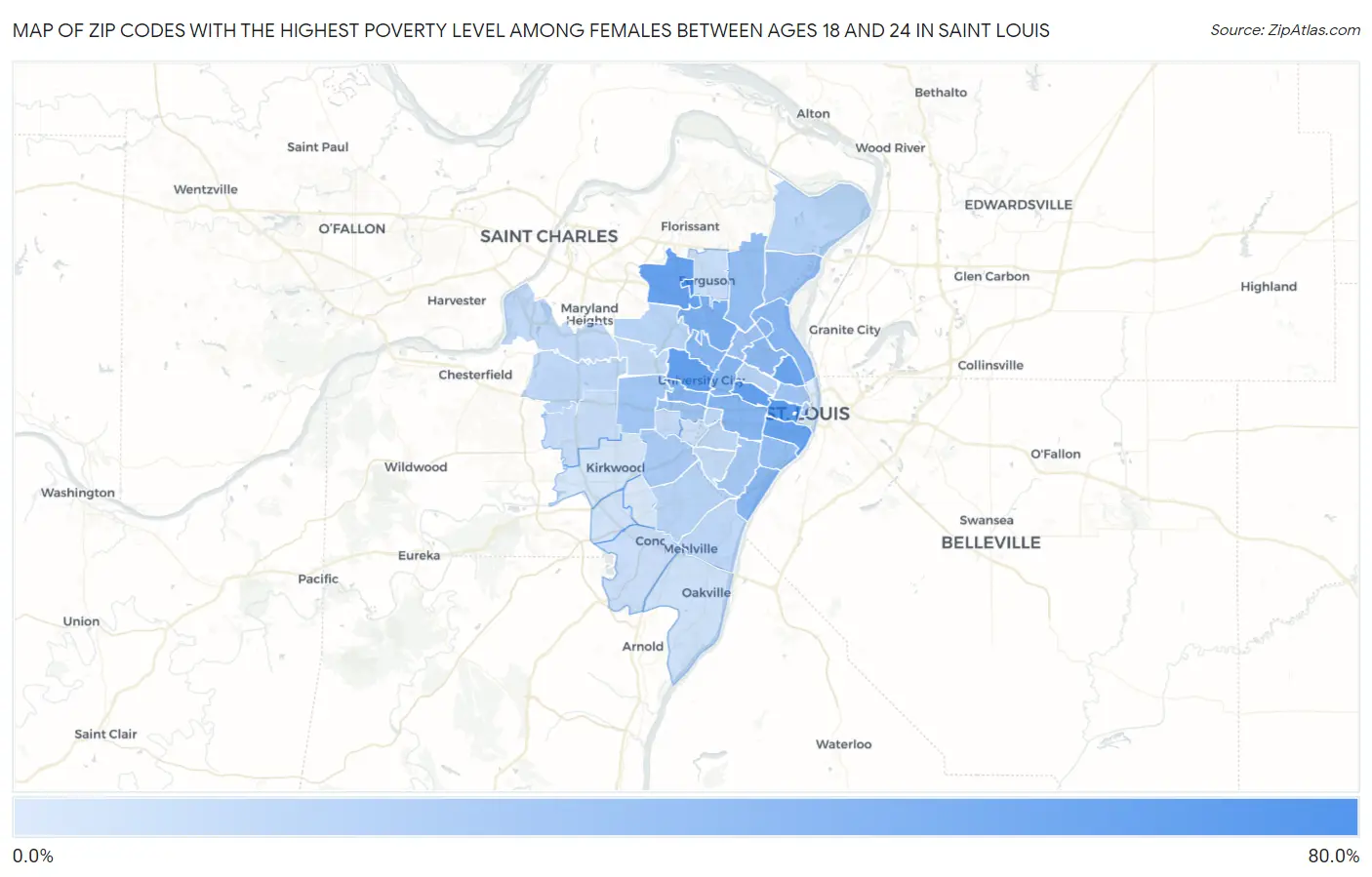 Zip Codes with the Highest Poverty Level Among Females Between Ages 18 and 24 in Saint Louis Map
