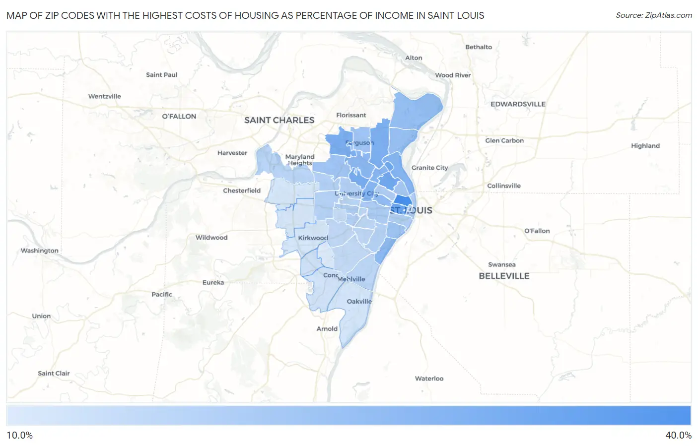 Zip Codes with the Highest Costs of Housing as Percentage of Income in Saint Louis Map