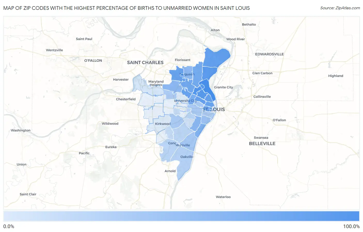 Zip Codes with the Highest Percentage of Births to Unmarried Women in Saint Louis Map