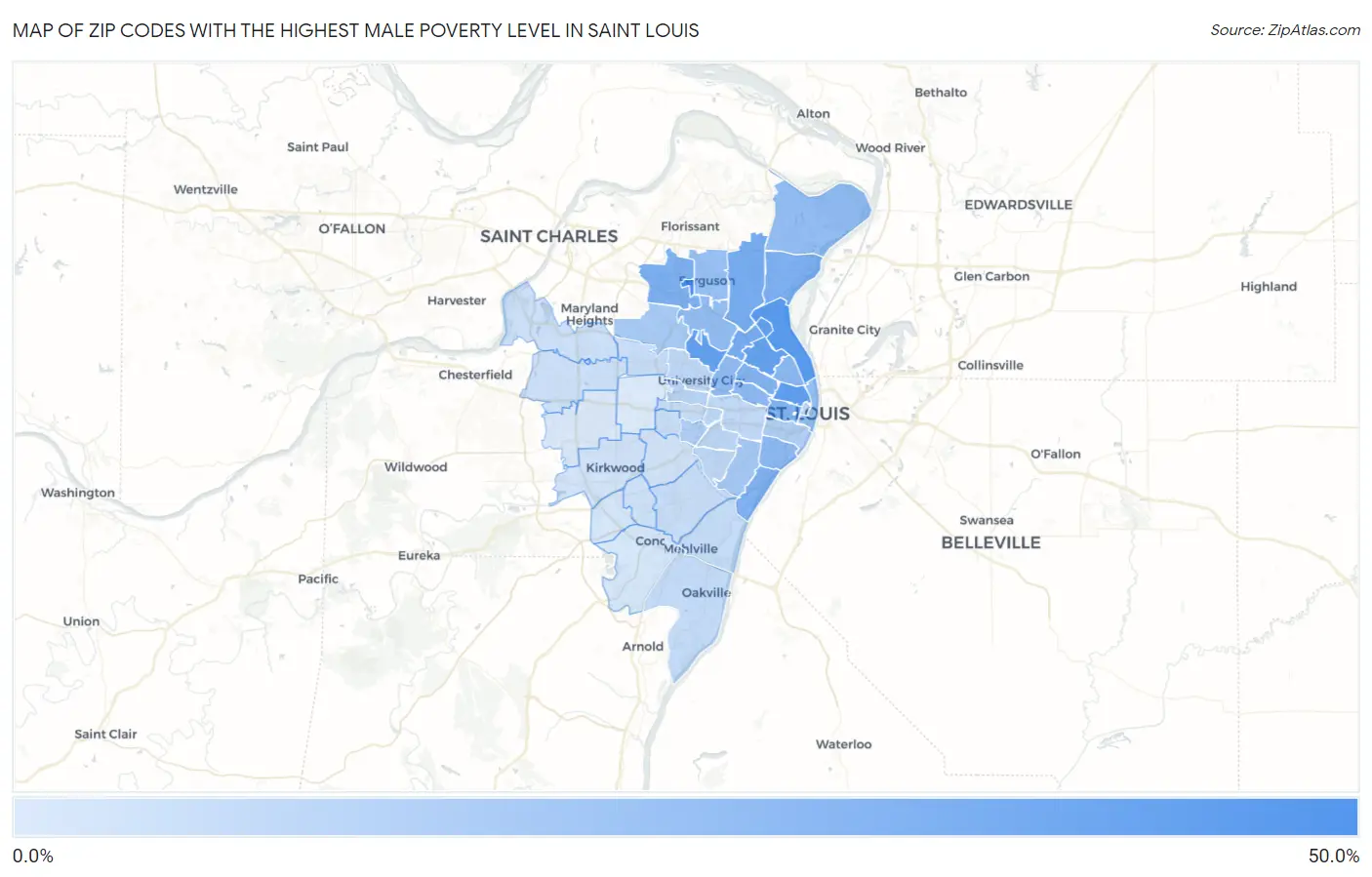 Zip Codes with the Highest Male Poverty Level in Saint Louis Map