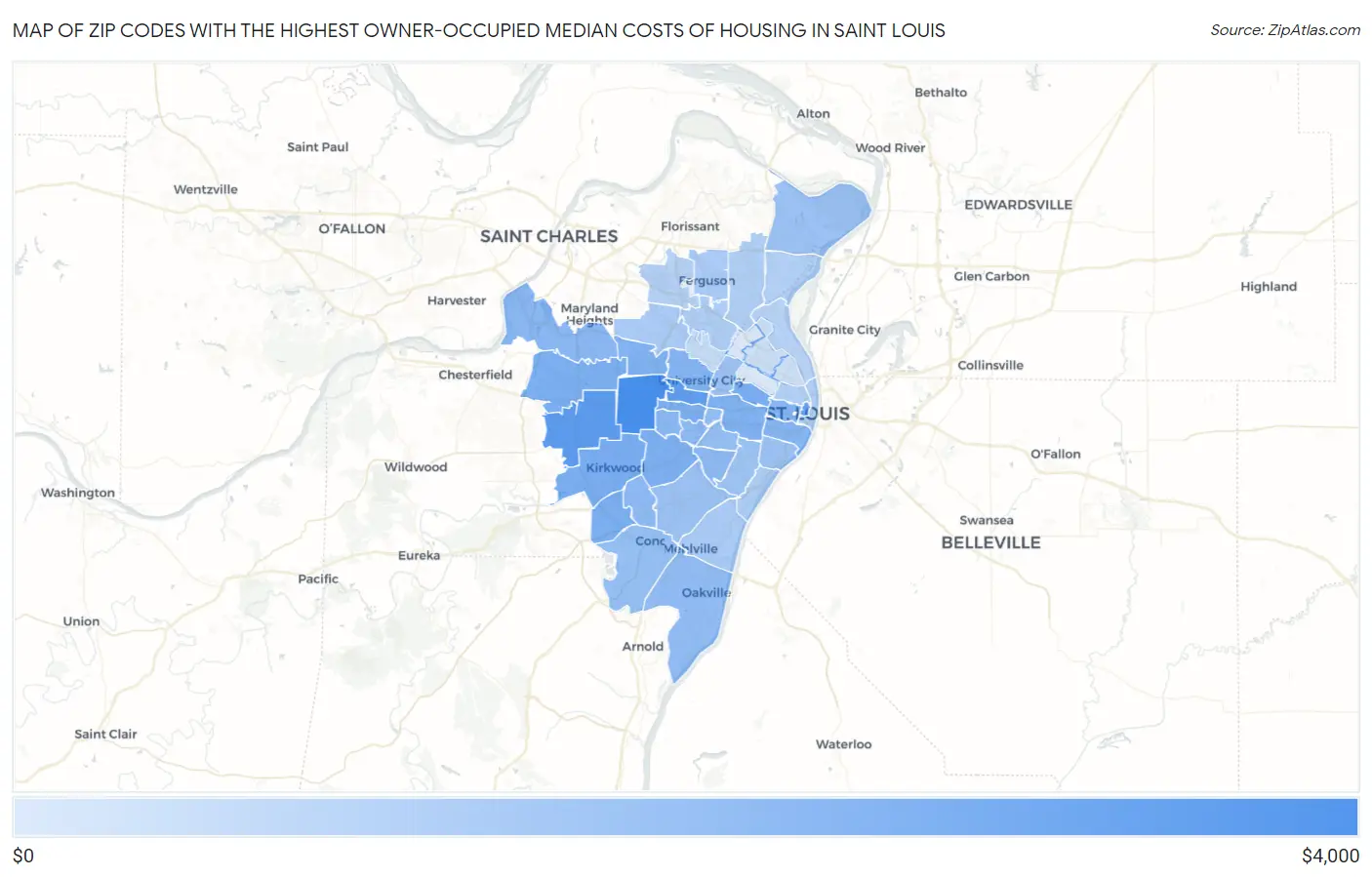 Zip Codes with the Highest Owner-Occupied Median Costs of Housing in Saint Louis Map