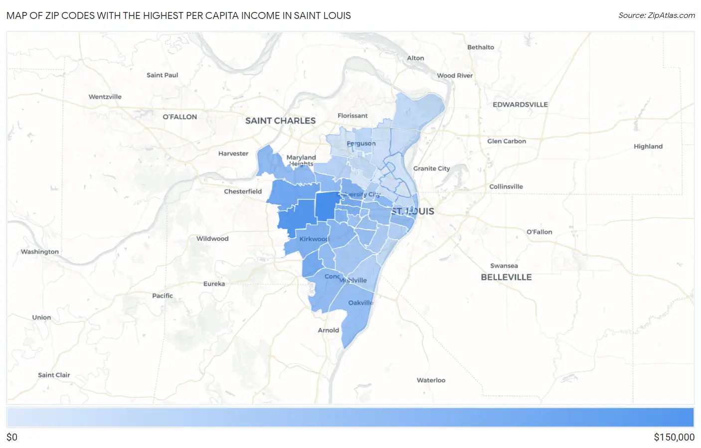 Zip Codes with the Highest Per Capita Income in Saint Louis Map