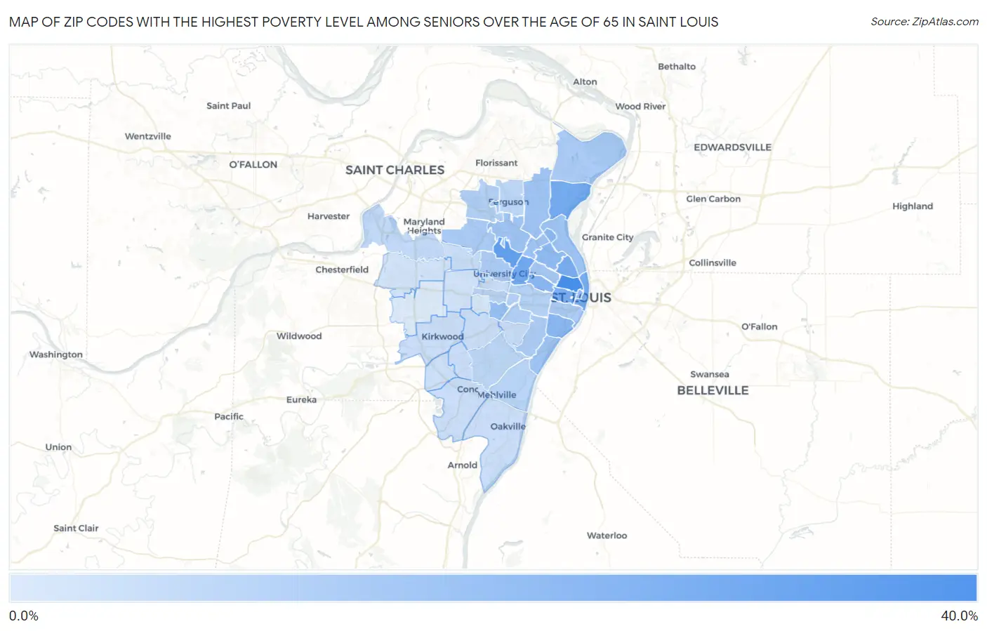 Zip Codes with the Highest Poverty Level Among Seniors Over the Age of 65 in Saint Louis Map