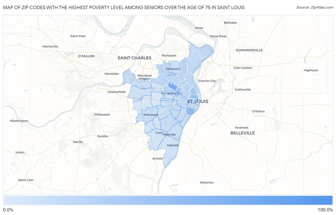 Zip Codes with the Highest Poverty Level Among Seniors Over the Age of 75 in Saint Louis Map