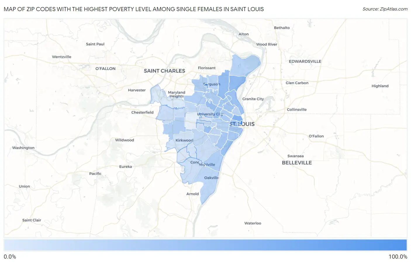 Zip Codes with the Highest Poverty Level Among Single Females in Saint Louis Map