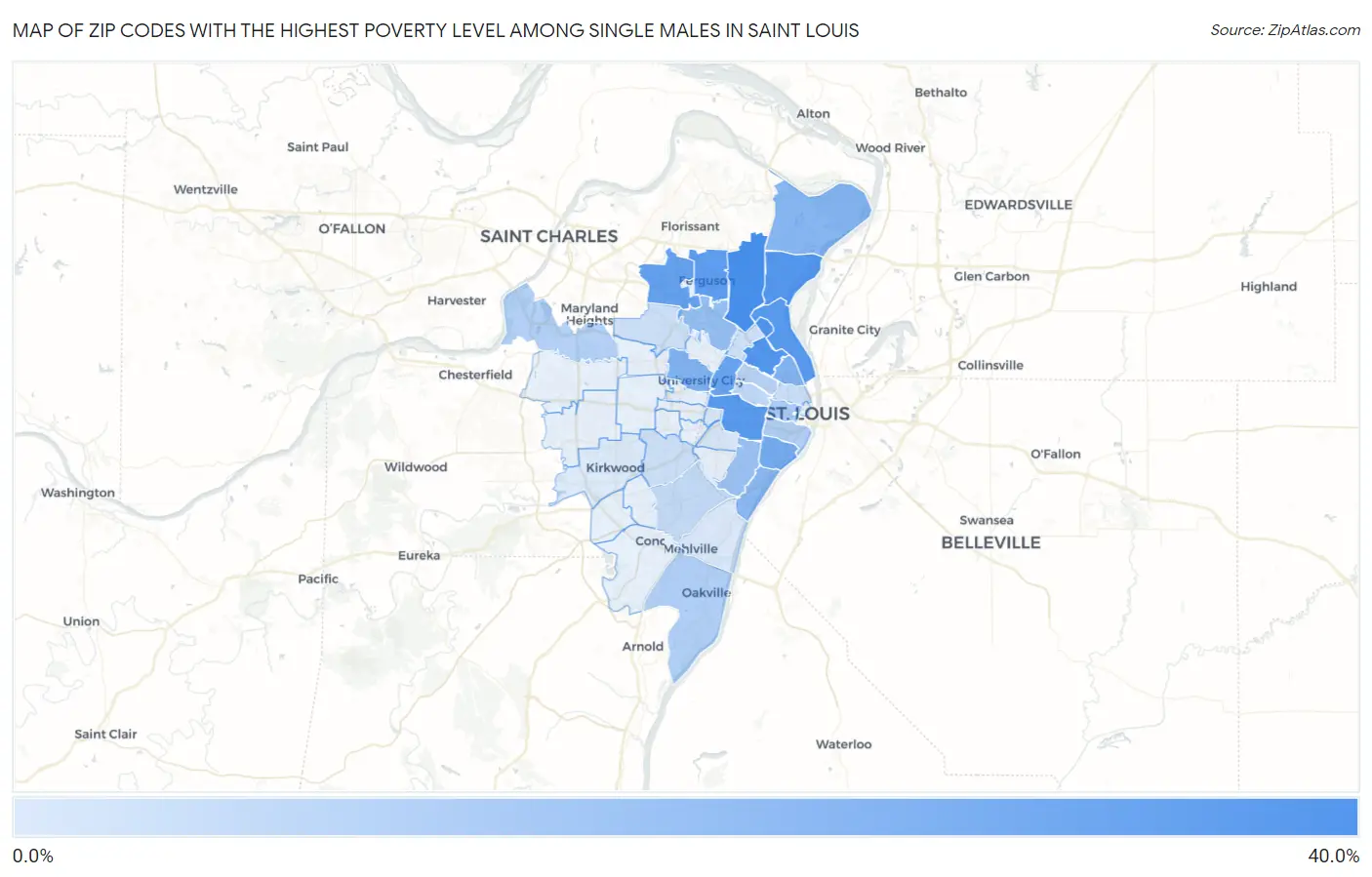 Zip Codes with the Highest Poverty Level Among Single Males in Saint Louis Map