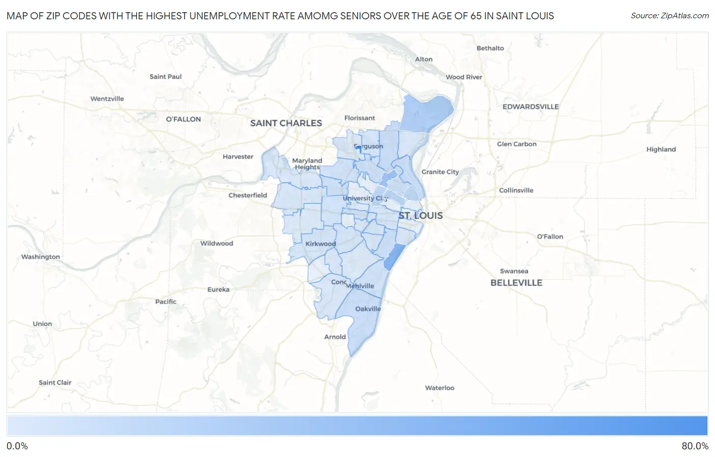 Zip Codes with the Highest Unemployment Rate Amomg Seniors Over the Age of 65 in Saint Louis Map