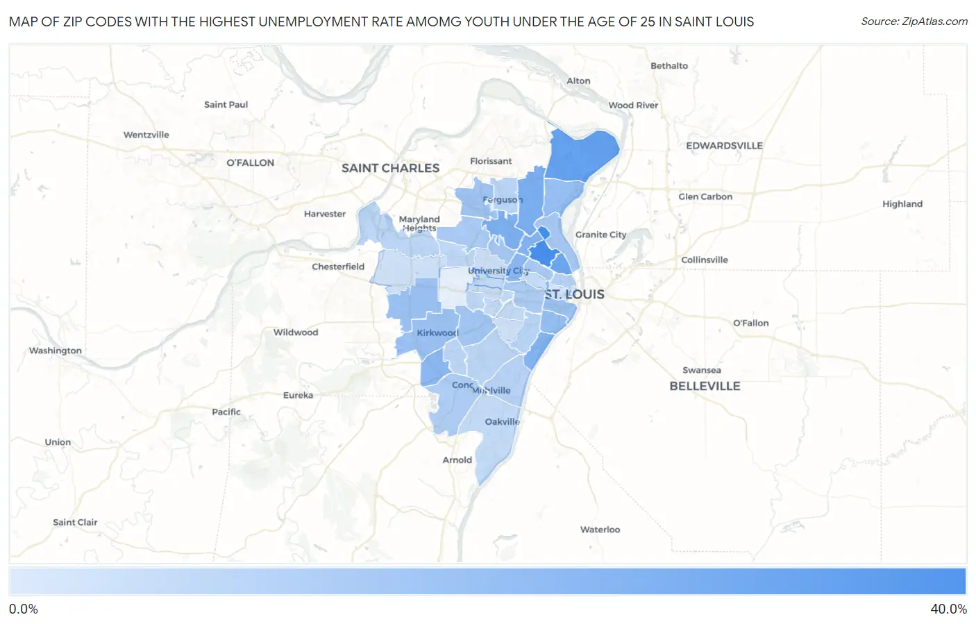 Zip Codes with the Highest Unemployment Rate Amomg Youth Under the Age of 25 in Saint Louis Map