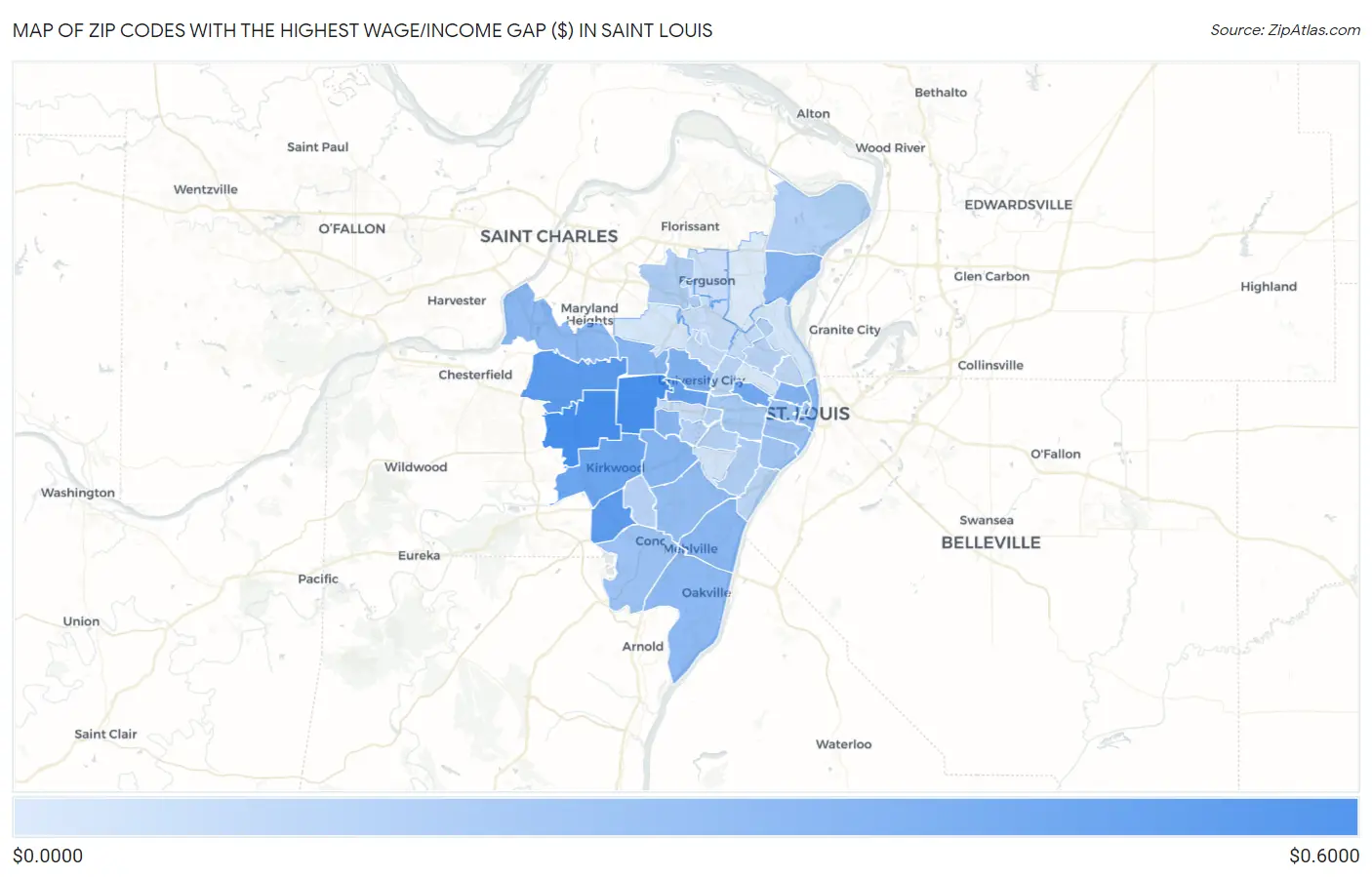 Zip Codes with the Highest Wage/Income Gap ($) in Saint Louis Map