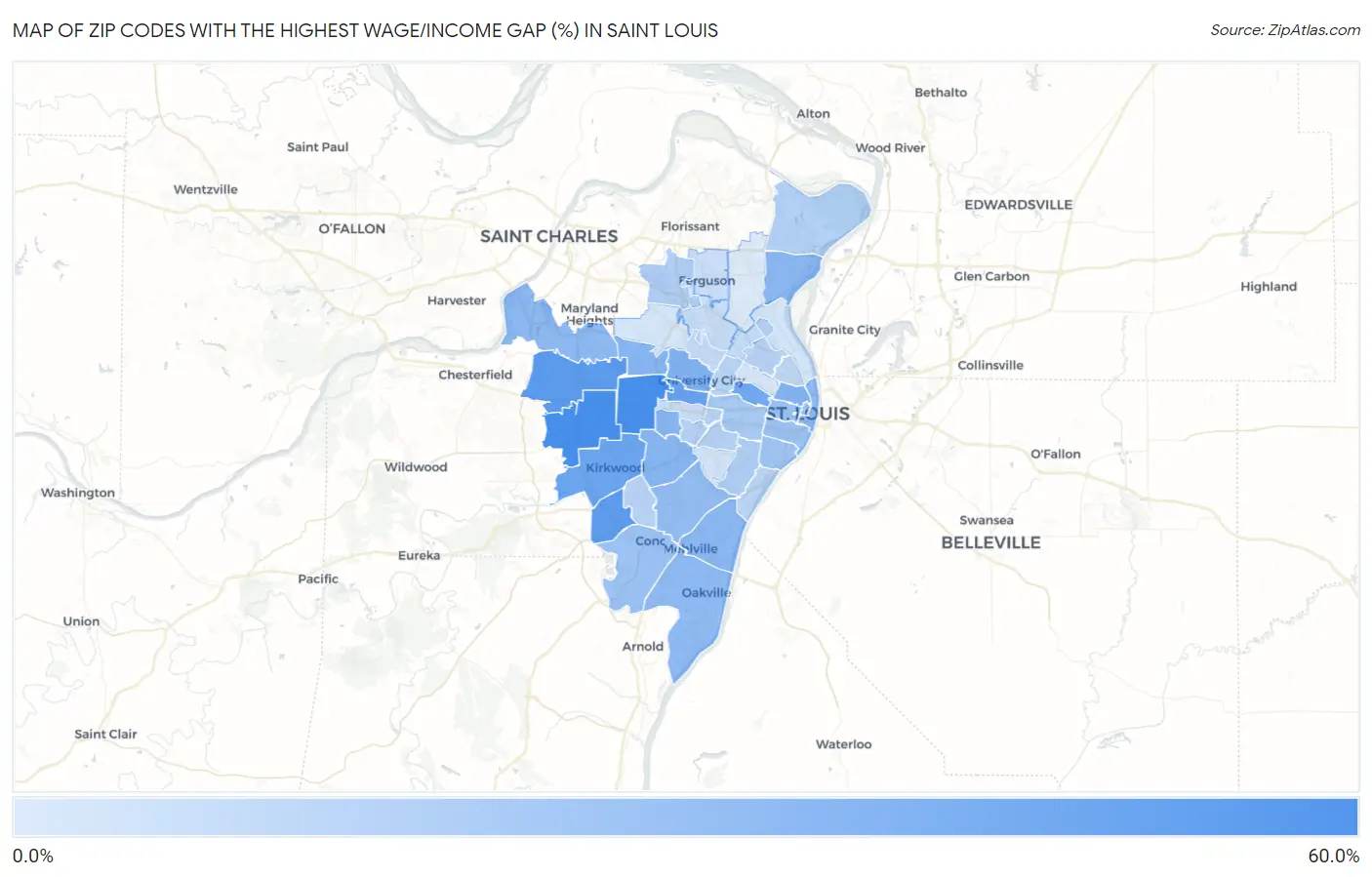 Zip Codes with the Highest Wage/Income Gap (%) in Saint Louis Map