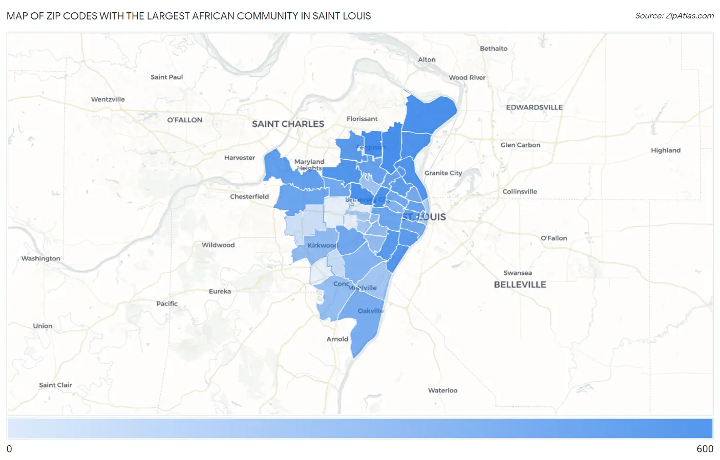 Zip Codes with the Largest African Community in Saint Louis Map