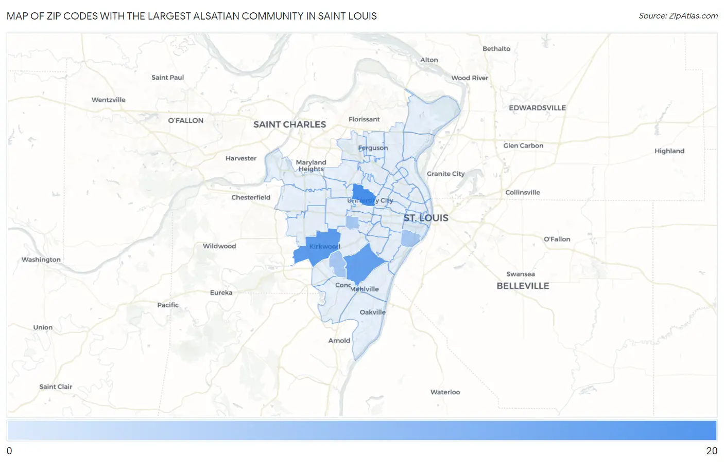 Zip Codes with the Largest Alsatian Community in Saint Louis Map