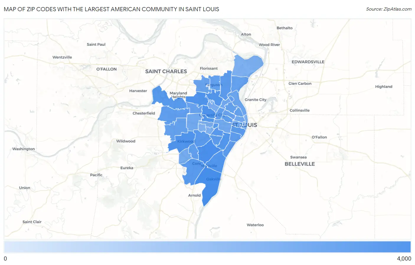 Zip Codes with the Largest American Community in Saint Louis Map