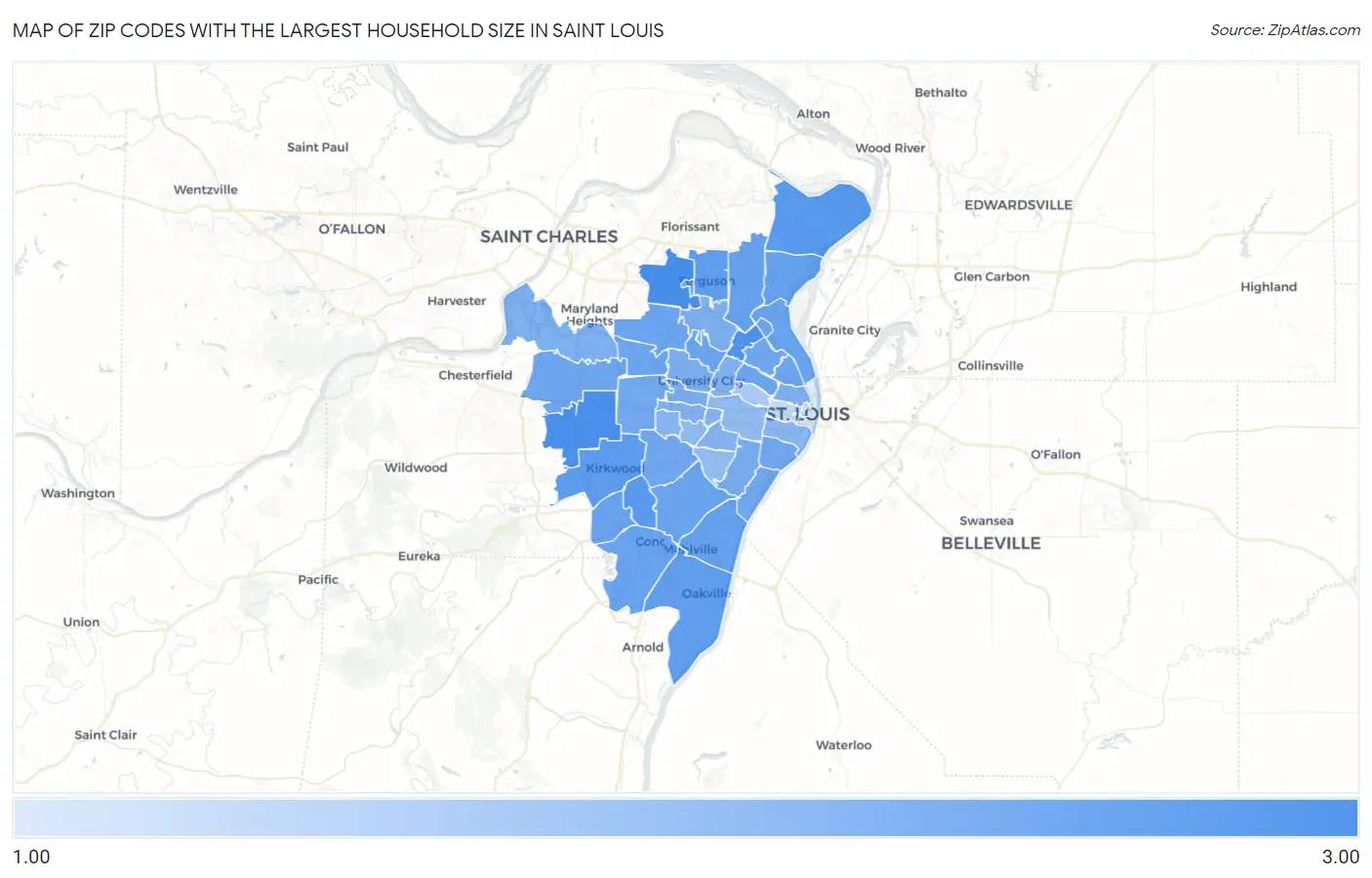 Zip Codes with the Largest Household Size in Saint Louis Map