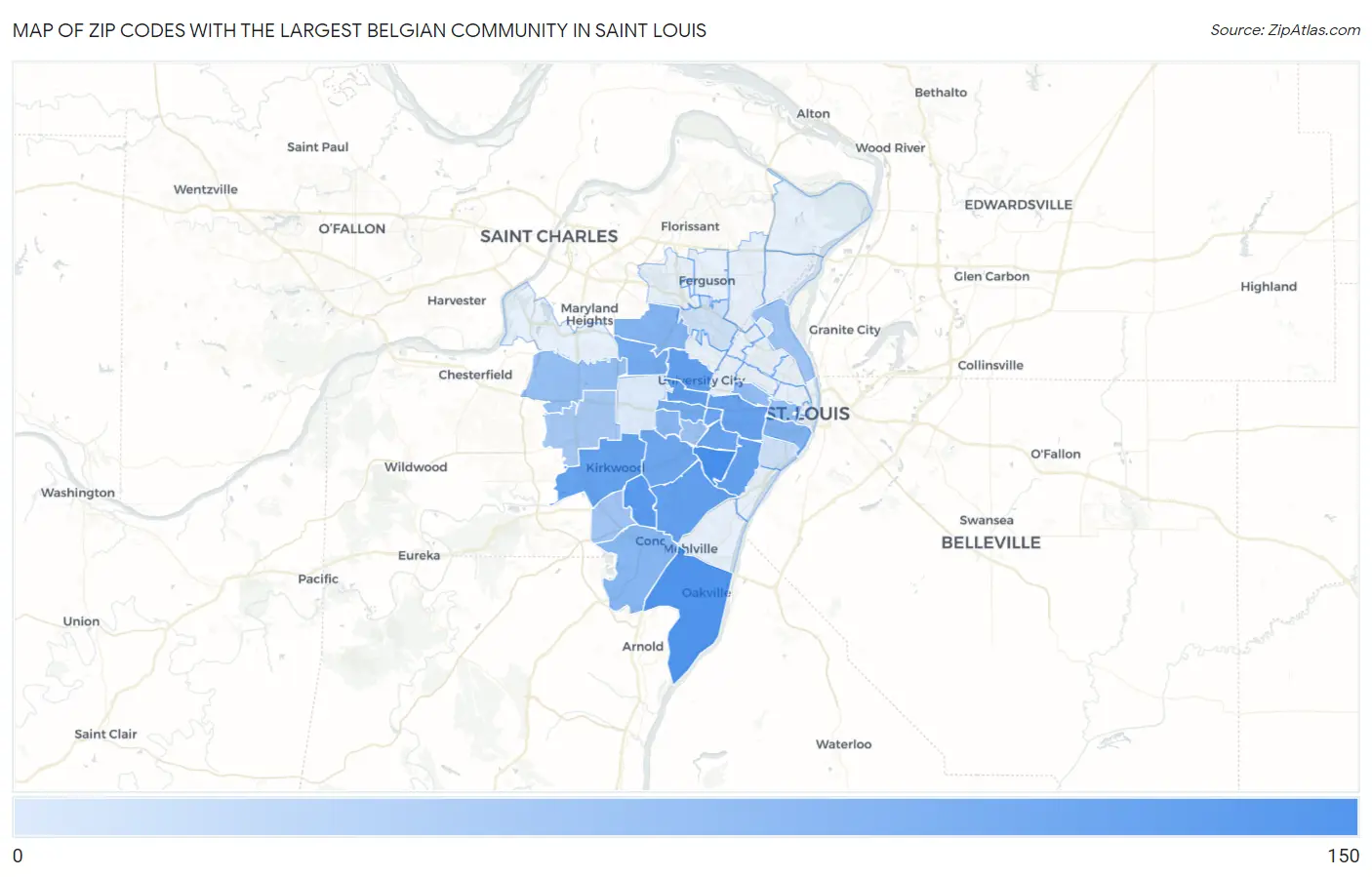 Zip Codes with the Largest Belgian Community in Saint Louis Map