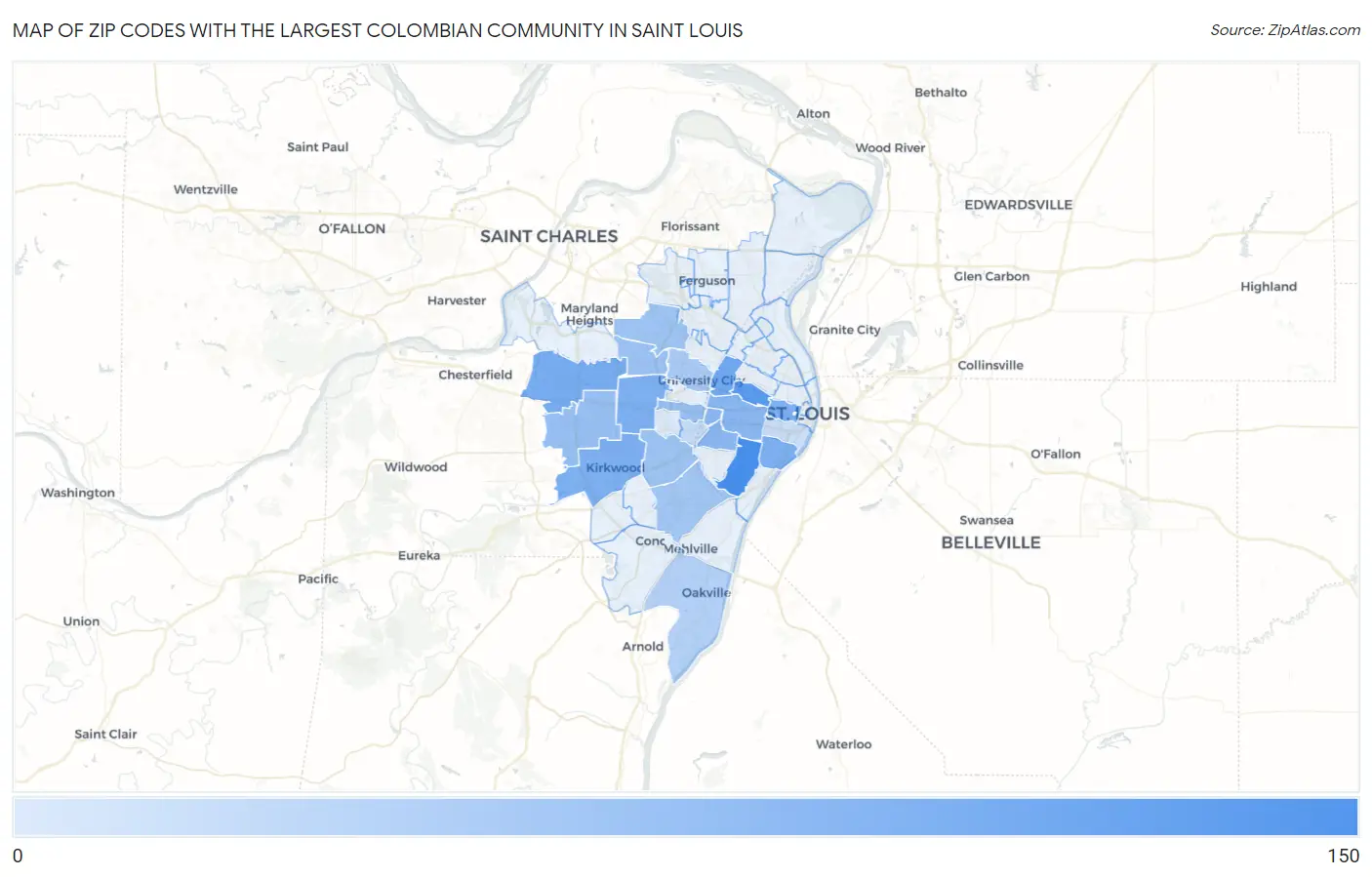 Zip Codes with the Largest Colombian Community in Saint Louis Map