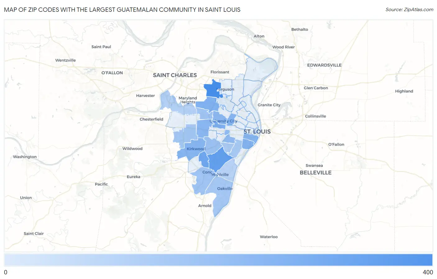 Zip Codes with the Largest Guatemalan Community in Saint Louis Map