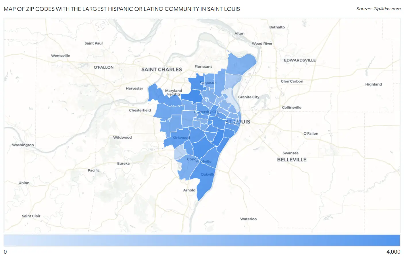 Zip Codes with the Largest Hispanic or Latino Community in Saint Louis Map