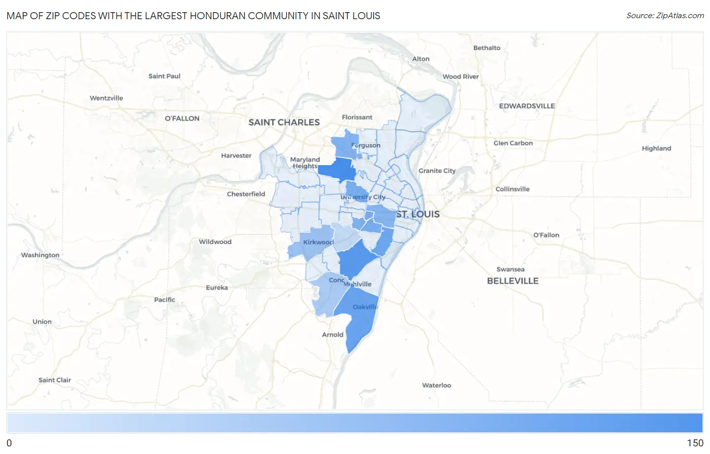 Zip Codes with the Largest Honduran Community in Saint Louis Map