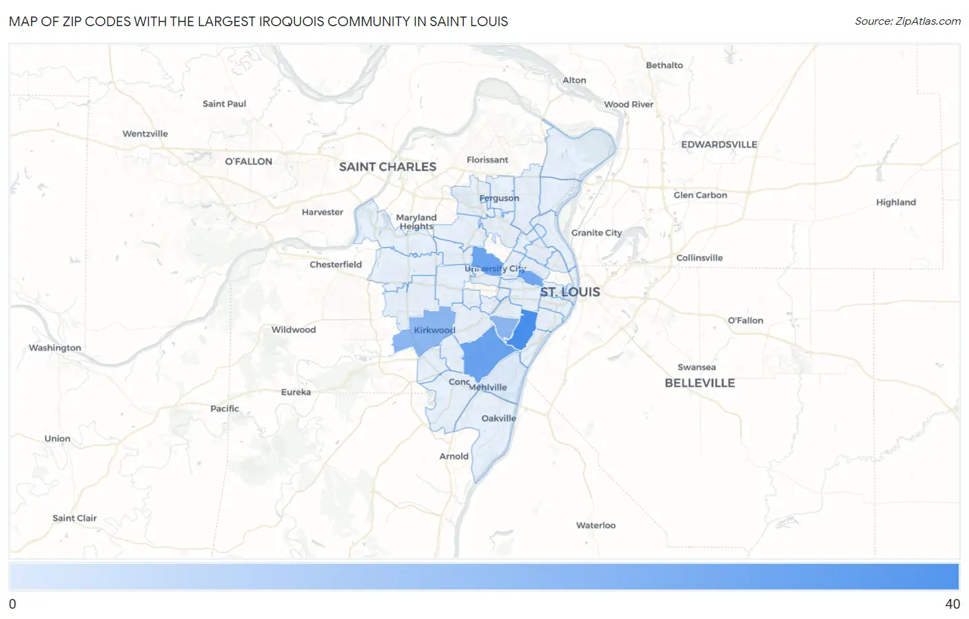 Zip Codes with the Largest Iroquois Community in Saint Louis Map