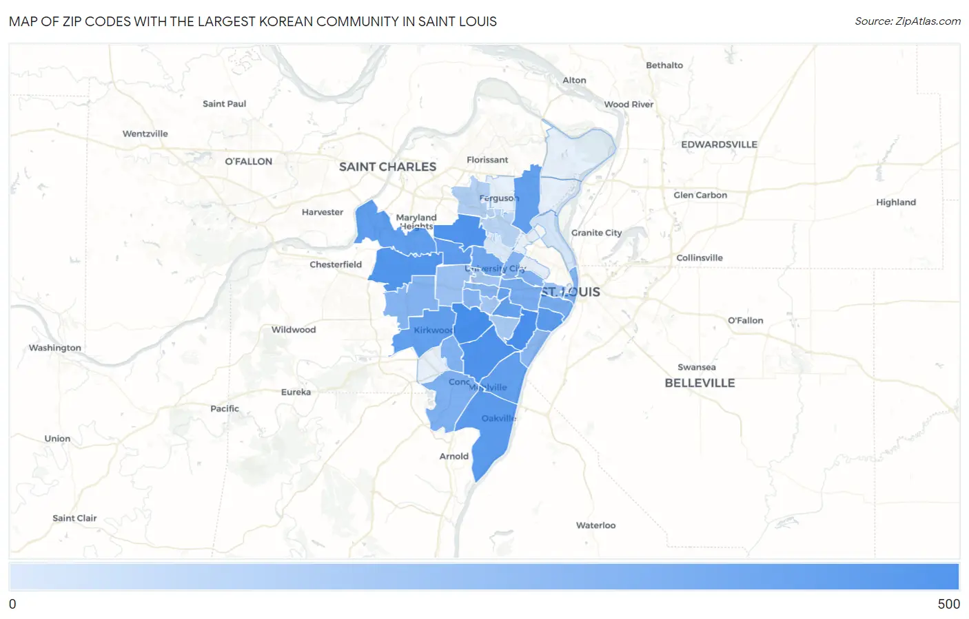 Zip Codes with the Largest Korean Community in Saint Louis Map