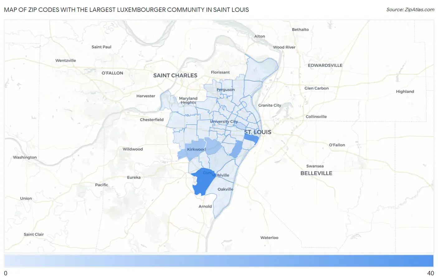 Zip Codes with the Largest Luxembourger Community in Saint Louis Map