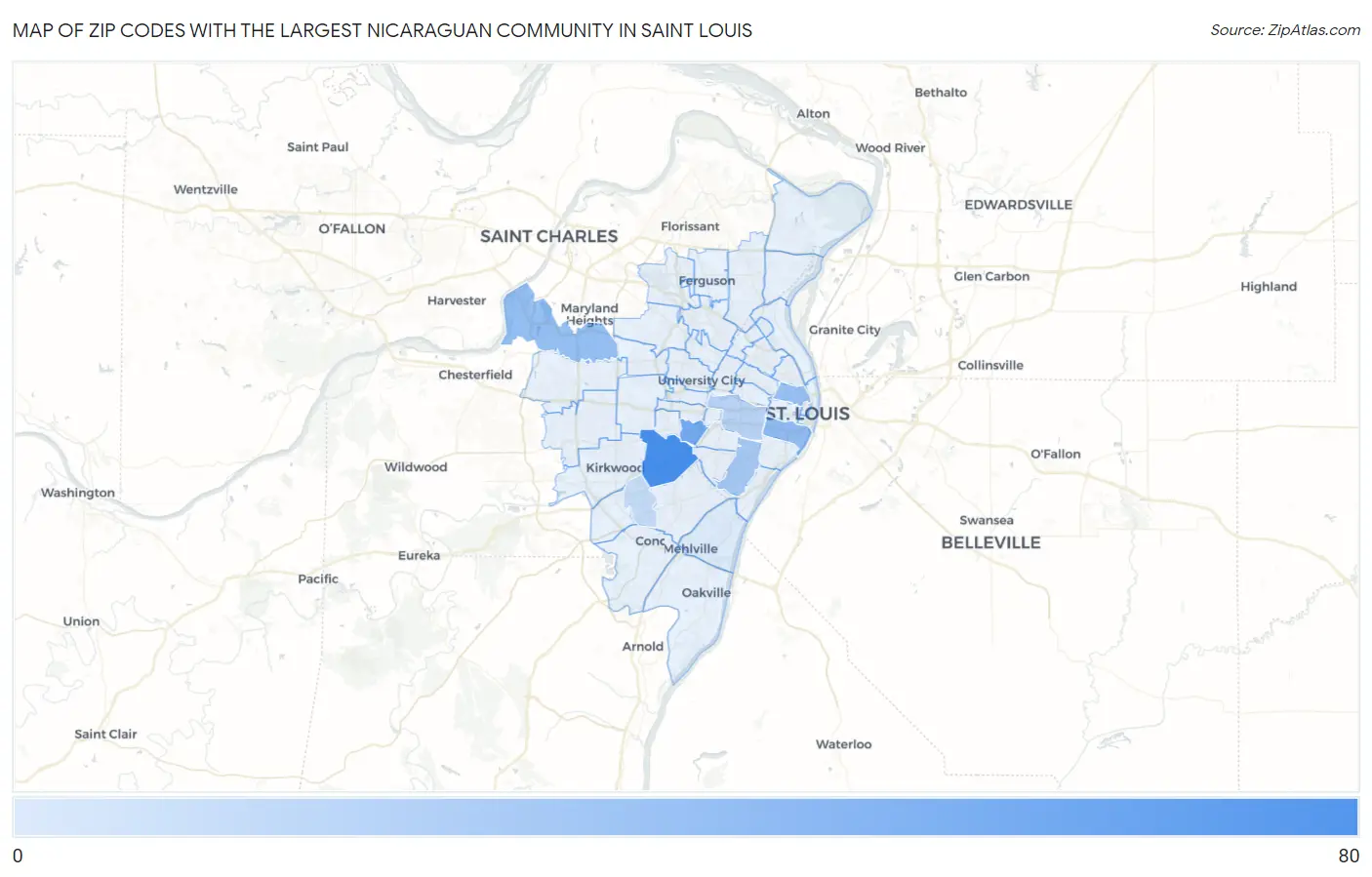 Zip Codes with the Largest Nicaraguan Community in Saint Louis Map
