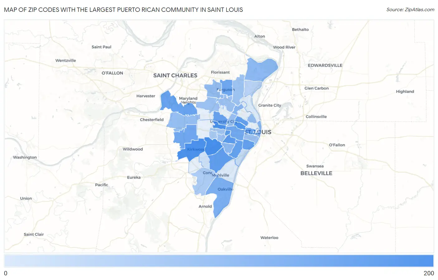 Zip Codes with the Largest Puerto Rican Community in Saint Louis Map