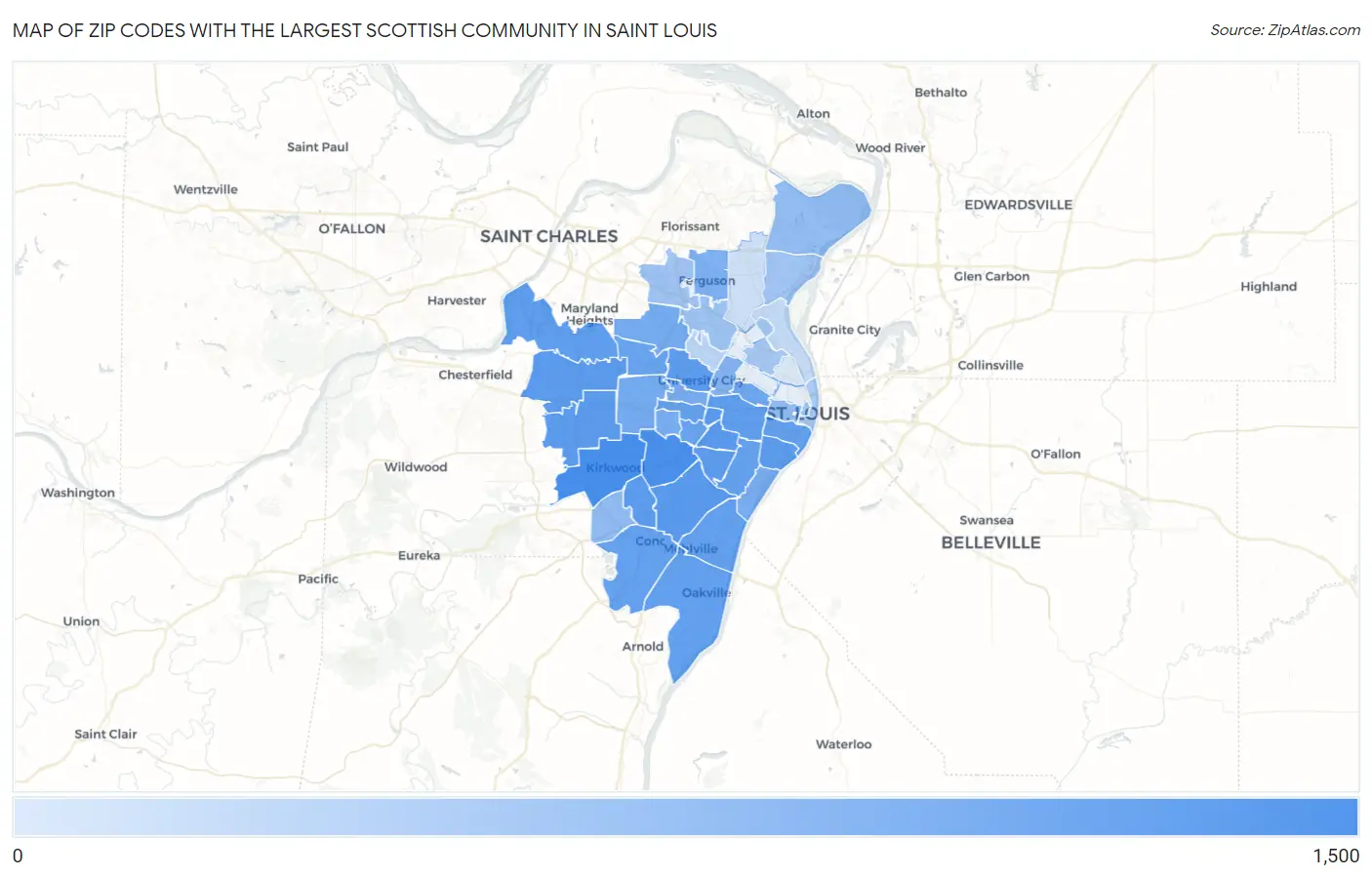 Zip Codes with the Largest Scottish Community in Saint Louis Map