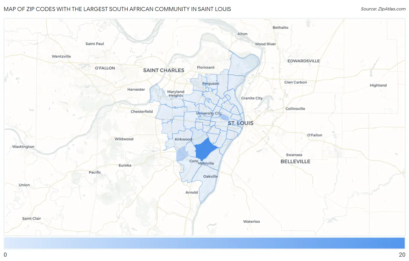 Zip Codes with the Largest South African Community in Saint Louis Map
