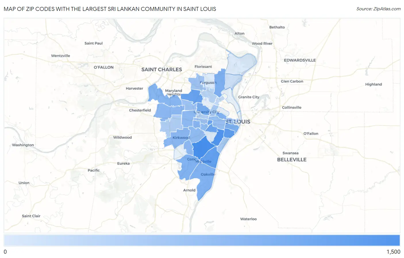 Zip Codes with the Largest Sri Lankan Community in Saint Louis Map