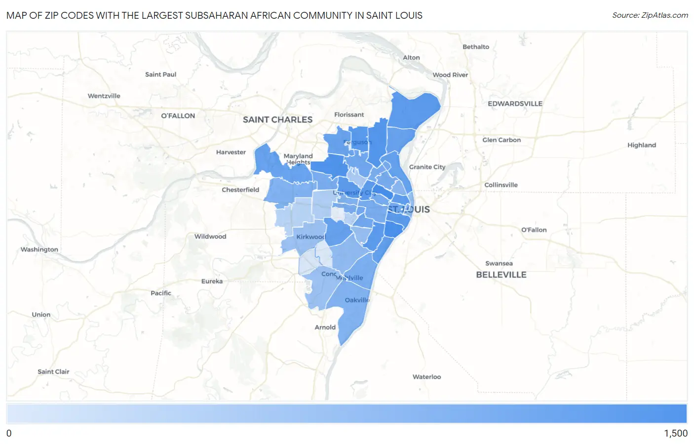 Zip Codes with the Largest Subsaharan African Community in Saint Louis Map