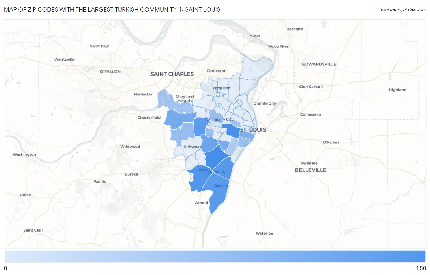 Zip Codes with the Largest Turkish Community in Saint Louis Map