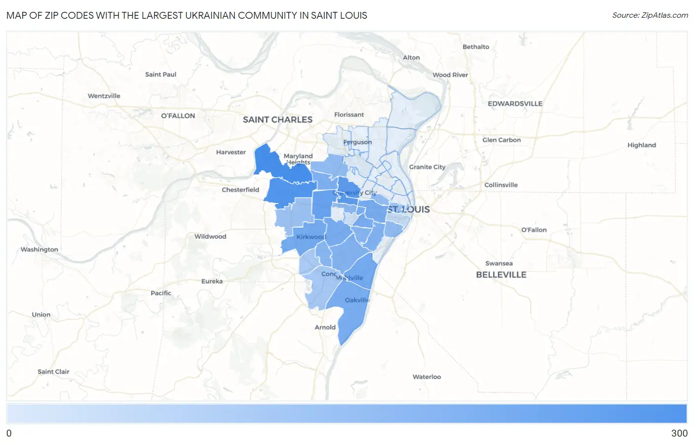 Zip Codes with the Largest Ukrainian Community in Saint Louis Map