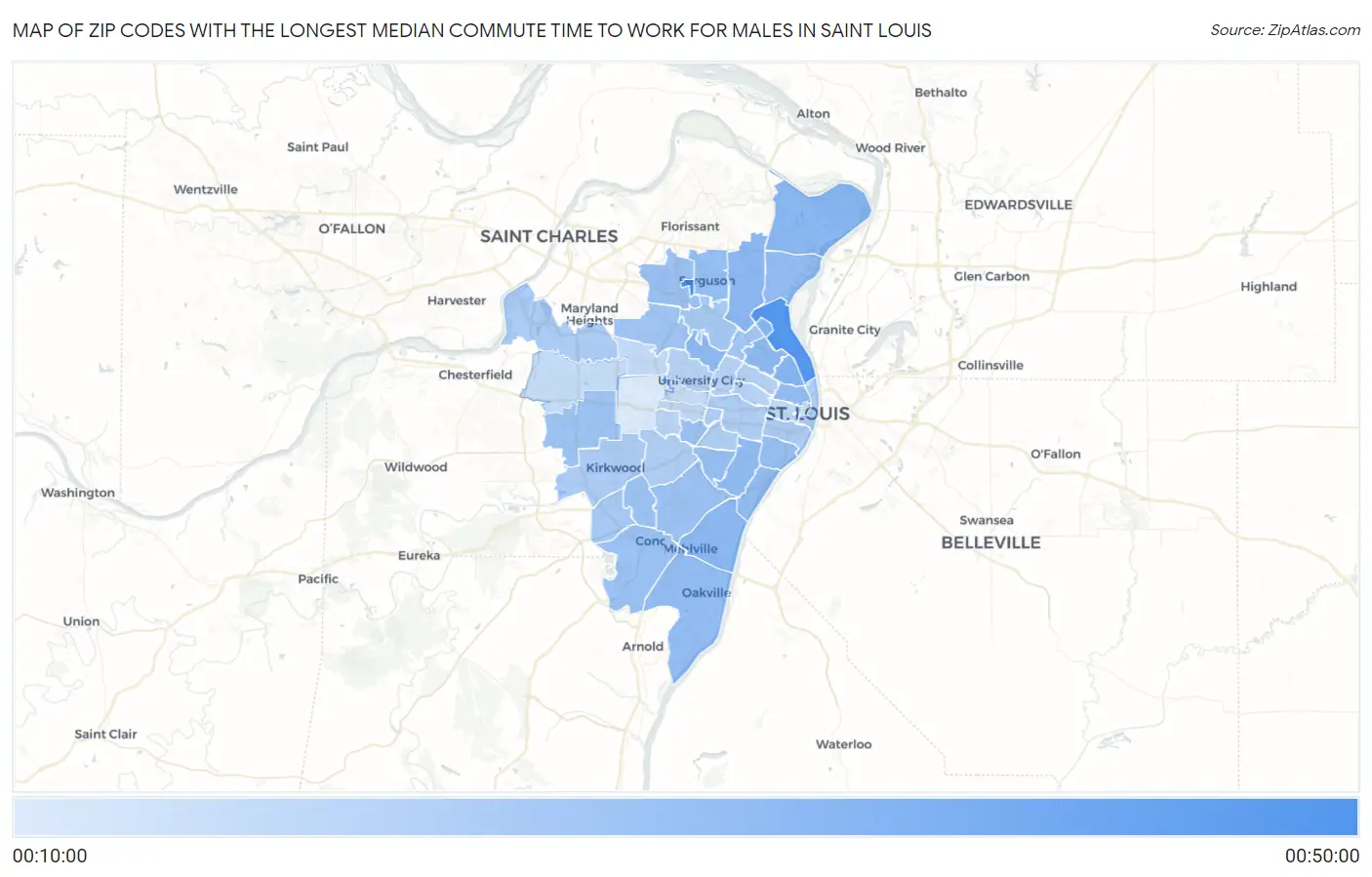 Zip Codes with the Longest Median Commute Time to Work for Males in Saint Louis Map