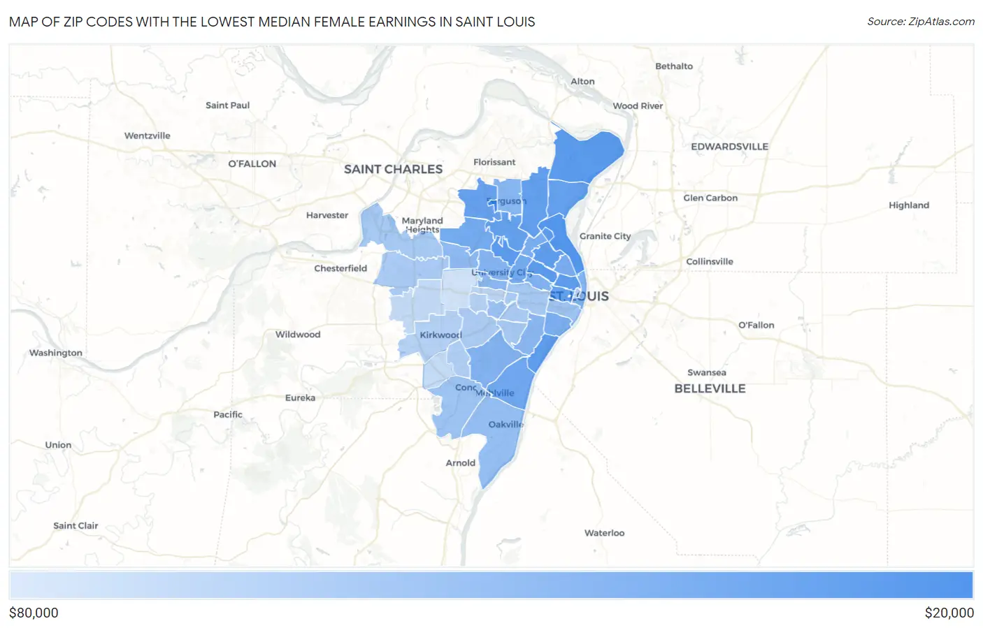 Zip Codes with the Lowest Median Female Earnings in Saint Louis Map