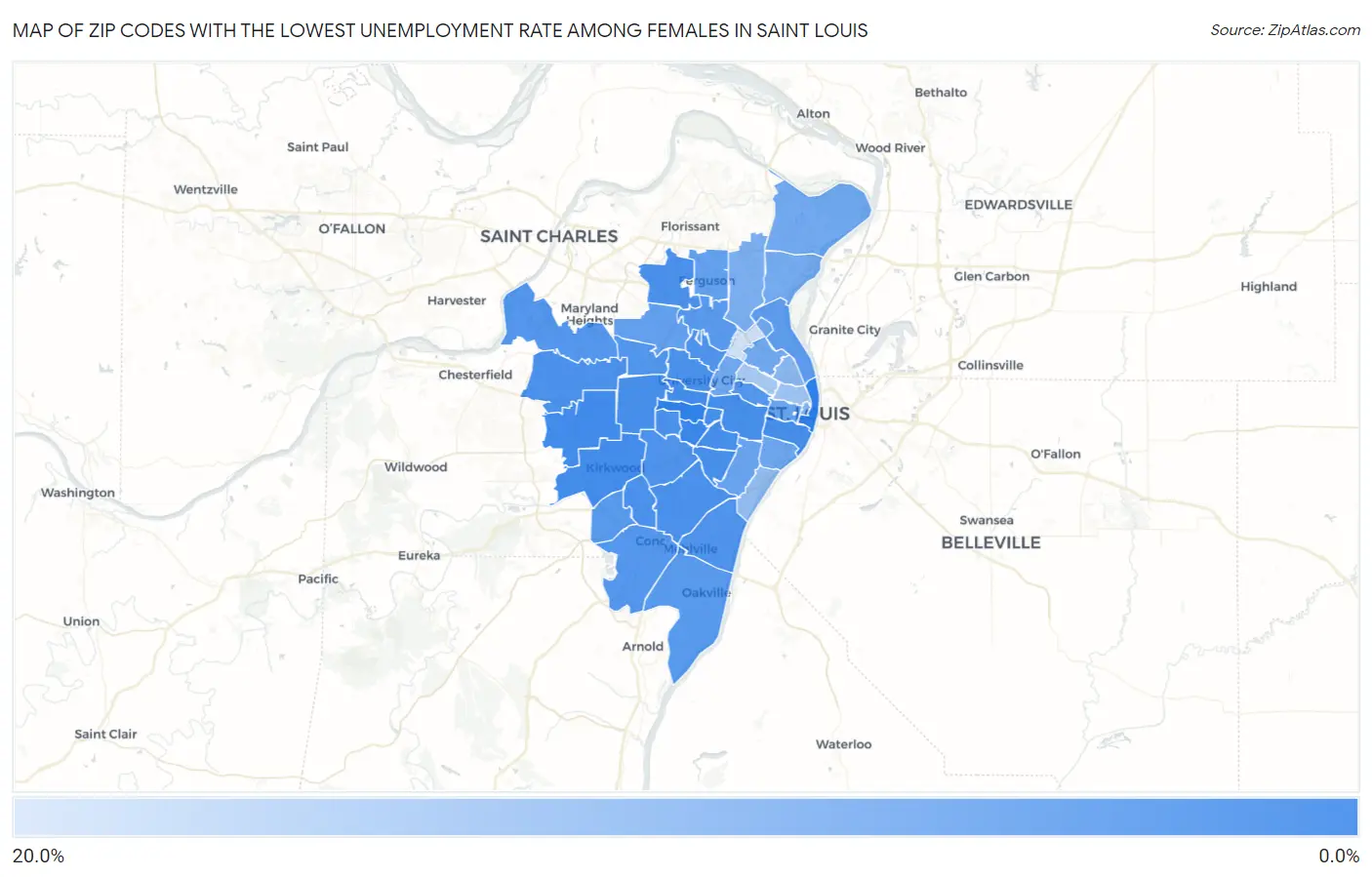 Zip Codes with the Lowest Unemployment Rate Among Females in Saint Louis Map